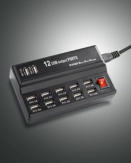USB Mehrfach Ladegerät, 12 Ports, maximal 45W, mit Schalter, Kunststoff und Metall, Schwarz für Fabas Luce Akkuleuchten